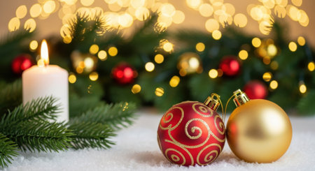 A warm and inviting Christmas still life featuring a burning candle, red and gold ornaments, and fir branches against a backdrop of beautiful blurred festive lights.の素材
