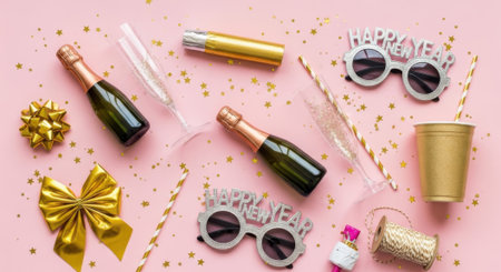A vibrant overhead shot showcasing party essentials, including champagne bottles, decorative bows, confetti, and festive glasses, all arranged on a pink surface.の素材