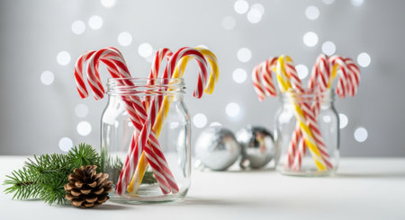 A delightful arrangement of red and white striped candy canes in clear glass jars, accompanied by a pine branch, a pinecone, and silver baubles, all set against a backdrop of soft, out-of-focus lights, creating a warm and inviting holiday atmosphere.の素材