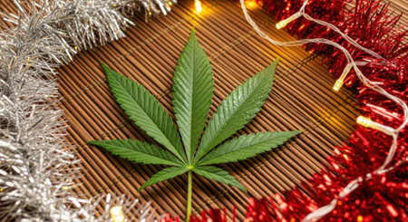 A vibrant cannabis leaf takes center stage amidst holiday tinsel and warm string lights, blending festive cheer with a modern twist.の素材