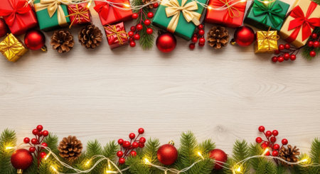 A festive holiday flat lay featuring a double border of colorful gift boxes, fir branches with fairy lights, and ornaments, leaving central copy space on a wooden surface.の素材