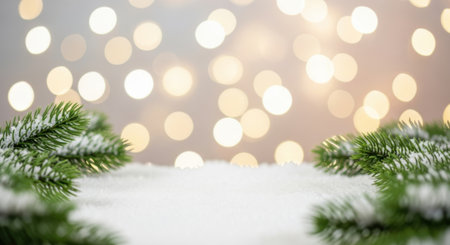 A serene Christmas scene featuring blurred bokeh lights in the background, complemented by snow-dusted evergreen branches in the foreground, creating a festive and inviting atmosphere.の素材