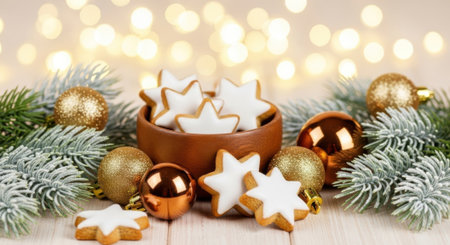 A cozy Christmas scene featuring star-shaped cookies, golden ornaments, and evergreen branches, all illuminated by soft bokeh lights, creating a warm holiday atmosphere.の素材