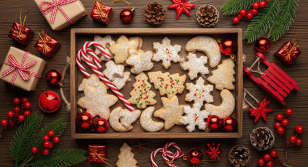 A delightful assortment of Christmas cookies and festive decorations arranged on a wooden surface.の素材