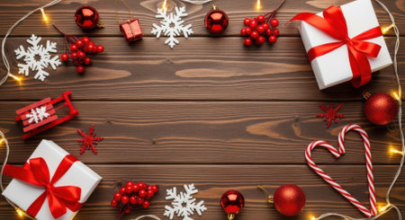 Overhead shot of Christmas decorations including gifts, ornaments, snowflakes, and candy canes arranged on a rustic wooden surface with warm string lights.の素材