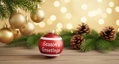 A close-up of a red Christmas ornament with Seasons Greetings written on it, surrounded by pine branches and pinecones, with a soft bokeh background.の素材