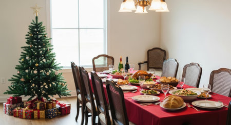 A beautifully decorated dining room with a Christmas tree, gifts, and a table set for a holiday feast. The scene is warm and inviting, perfect for a festive gathering.の素材