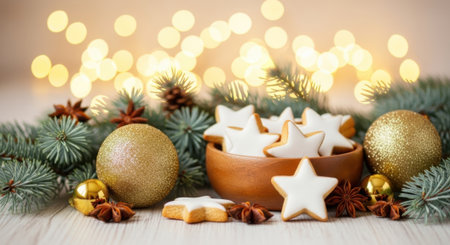 A cozy Christmas scene featuring star-shaped cookies, ornaments, and evergreen branches, illuminated by soft bokeh lights, creating a warm and inviting holiday atmosphere.の素材