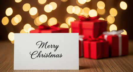 A festive Christmas scene featuring red gift boxes, a greeting card with Merry Christmas text, and warm bokeh lights in the background.の素材