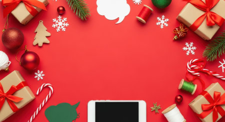 Overhead shot of Christmas gifts, ornaments, and a smartphone arranged on a vibrant red surface, creating a festive and inviting holiday scene.の素材