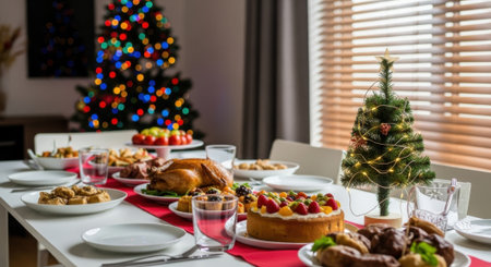 A beautifully set Christmas dinner table with a variety of dishes, festive decorations, and a Christmas tree in the background, creating a warm and inviting holiday atmosphere.の素材