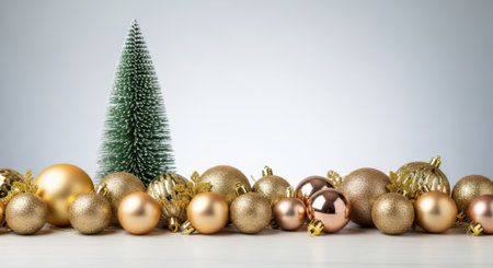 A collection of golden Christmas ornaments and a small green tree, creating a festive holiday scene.の素材