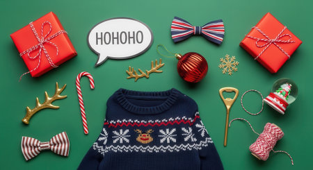 A cheerful Christmas flat lay featuring wrapped gifts, a sweater, and holiday decorations arranged on a vibrant green background, perfect for seasonal greetings.の素材