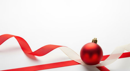A vibrant red Christmas ornament rests on a white surface, intertwined with a flowing red ribbon, creating a festive composition.の素材