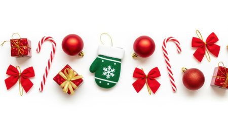 A collection of classic Christmas decorations including red baubles, candy canes, gift boxes, and a green mitten, laid out on a white background.の素材