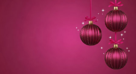 Three shiny, striped Christmas ornaments hang against a bright pink backdrop, adorned with ribbons and sparkling lights, creating a festive holiday scene.の素材
