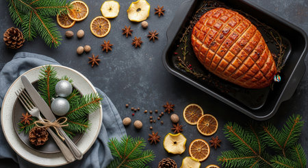 Top down view of a festive holiday table with a delicious roasted ham, Christmas decorations, fir branches, dried fruit, and spices on a dark background.の素材