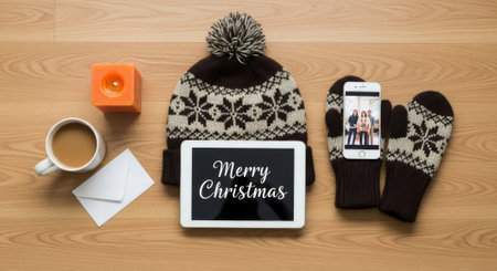 A cozy Christmas arrangement featuring a tablet with Merry Christmas text, a warm hat, mittens, a cup of coffee, and a gift box, all set on a wooden background.の素材