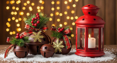 A cozy Christmas still life featuring a red lantern, decorated ornaments, and twinkling lights, creating a warm and festive holiday atmosphere.の素材