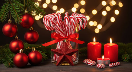 A traditional Christmas arrangement featuring a jar of candy canes, glowing red candles, and shiny baubles on a fir branch against a warm bokeh light background.の素材