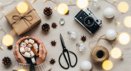 A cozy Christmas scene featuring a wrapped gift, vintage camera, hot chocolate with marshmallows, and festive decorations.の素材