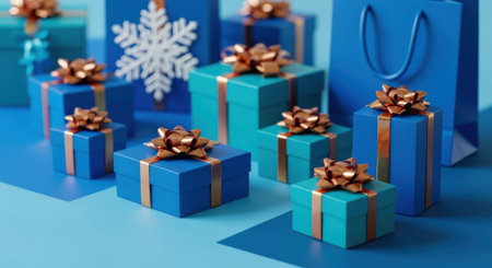 Festive holiday scene with an assortment of gift boxes and bags in a stylish blue and turquoise color palette. Presents are decorated with metallic copper ribbons and snowflakes.の素材