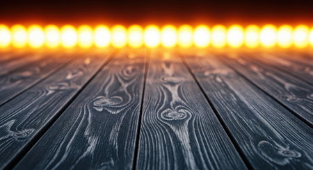 A dark, textured wooden floor extends towards a bright, out-of-focus orange light strip, creating a dramatic and inviting backdrop for product showcases or presentations.の素材