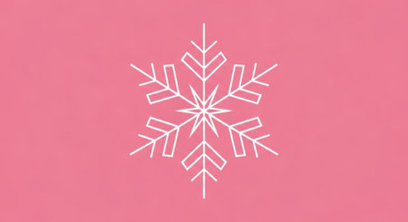 A minimalist white snowflake illustration set against a soft pink background, perfect for winter holiday themes and seasonal designs.の素材