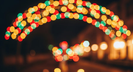 A vibrant archway of Christmas lights creates a festive atmosphere, with blurred lights adding depth to the night scene.の素材