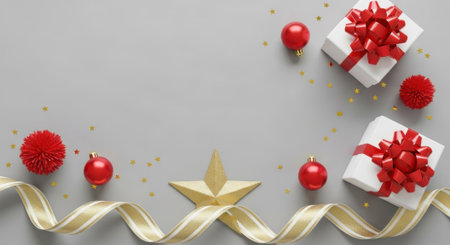 Overhead shot of wrapped gifts, red ornaments, a gold star, and ribbon on a gray surface, perfect for holiday themes.の素材