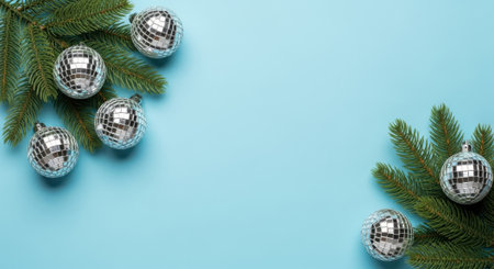 A cheerful Christmas scene featuring silver ornaments and green pine branches arranged on a light blue surface, perfect for holiday-themed designs.の素材