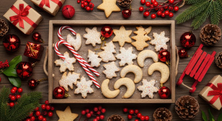 A delightful assortment of homemade Christmas cookies, including stars and crescents, arranged on a wooden tray surrounded by festive decorations like pine cones, berries, and gift boxes.の素材
