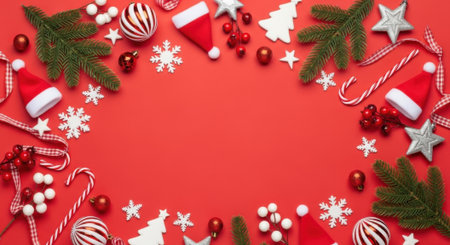 A vibrant Christmas arrangement featuring Santa hats, candy canes, ornaments, and snowflakes on a red background, perfect for holiday-themed designs and greetings.の素材