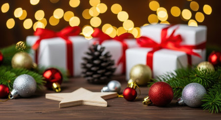 A festive Christmas scene featuring wrapped gifts, ornaments, pinecones, and a wooden star, all set against a backdrop of warm bokeh lights.の素材