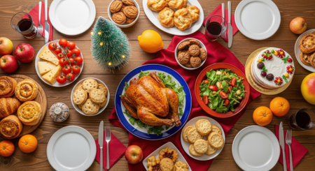 An overhead view of a beautifully set Christmas dinner table, featuring a golden roasted turkey as the centerpiece, surrounded by an array of delicious side dishes, desserts, and festive decorations, ready for a holiday feast.の素材