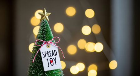 A miniature Christmas tree adorned with a Spread Joy tag, set against a backdrop of blurred bokeh lights, creating a warm and cheerful holiday scene.の素材