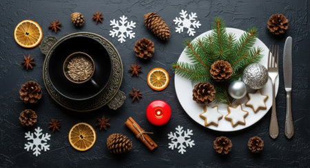 Overhead shot of a Christmas table setting featuring a plate with cookies, pine cones, and greenery, alongside a cup, dried oranges, and snowflakes.の素材