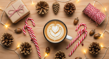 Overhead shot of coffee, gift, candy canes, pine cones, and lights creating a cozy holiday scene on a wooden surface.の素材