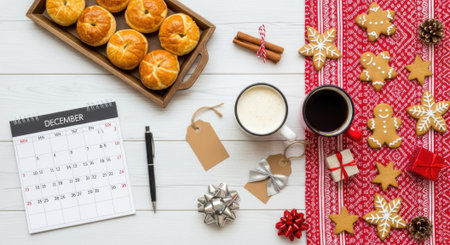 Overhead shot of Christmas treats, drinks, calendar, and decorations on a white wooden surface with a red patterned runner, creating a cozy holiday scene.の素材