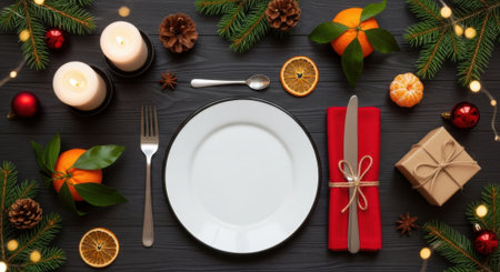 Overhead shot of a Christmas table setting with a white plate, red napkin, silverware, candles, oranges, pine cones, and a wrapped gift.の素材