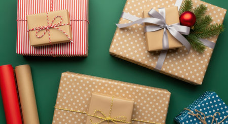 A collection of beautifully wrapped Christmas presents and rolls of wrapping paper arranged on a vibrant green surface, evoking a sense of holiday cheer and preparation.の素材