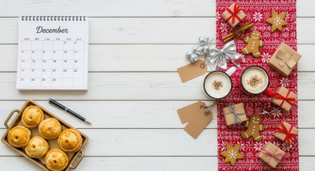 Overhead shot of a December calendar, muffins, candles, and gifts on a white wooden surface, creating a cozy, festive atmosphere.の素材