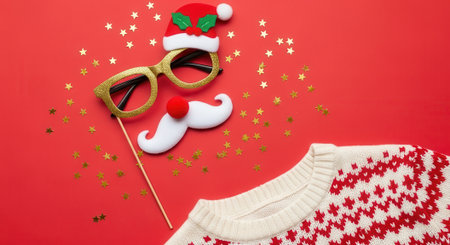 A cozy white and red patterned Christmas sweater is displayed alongside fun Santa Claus-themed photo booth props, including glasses and a mustache, all set against a vibrant red background with scattered golden confetti, perfect for holiday celebrations.の素材