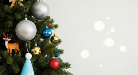 A beautifully decorated Christmas tree, featuring an array of colorful ornaments including silver, blue, red, and gold baubles, along with a charming deer figurine. The background is softly blurred with bokeh lights, creating a magical and festive atmosphere perfect for holiday celebrations.の素材