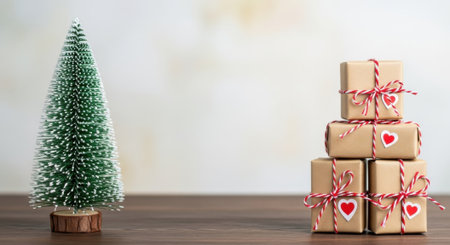 A miniature Christmas tree stands next to a stack of wrapped gifts, each adorned with a heart, creating a warm holiday scene.の素材