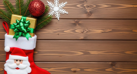 A red Christmas stocking filled with a gift, ornament, and snowflake, set against a rustic wooden background, perfect for holiday greetings and festive designs.の素材