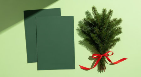 A minimalist holiday scene featuring two blank green cards and a small bouquet of evergreen branches tied with a red ribbon, set against a light green background.の素材