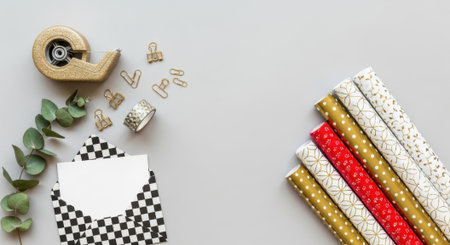 A top down view of a creative workspace with gift wrapping supplies including colorful paper, a checkered envelope, tape dispenser, and a sprig of eucalyptus with copy space.の素材