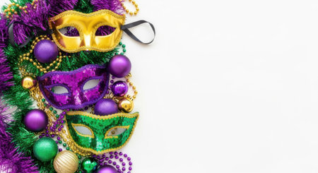 Colorful Mardi Gras masks, beads, and ornaments create a festive border against a clean white backdrop, perfect for celebrations.の素材