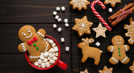 A cozy Christmas scene featuring gingerbread cookies, a candy cane, cinnamon sticks, and a mug of hot chocolate filled with marshmallows on a dark wooden surface.の素材